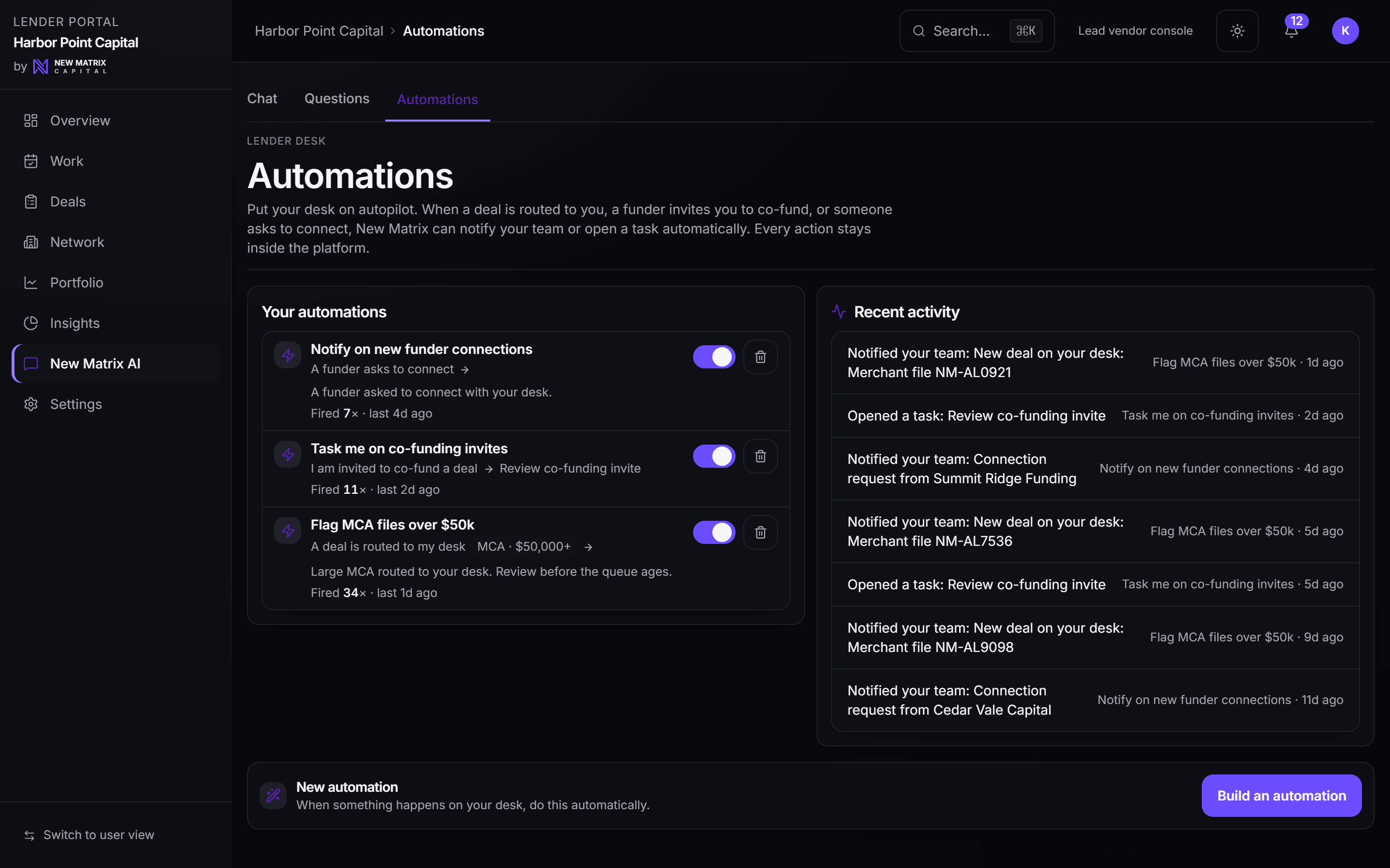 The lender automations desk: when a deal is routed to my desk, notify my team, with the rules a funder has switched on and how often each has fired, desktop view