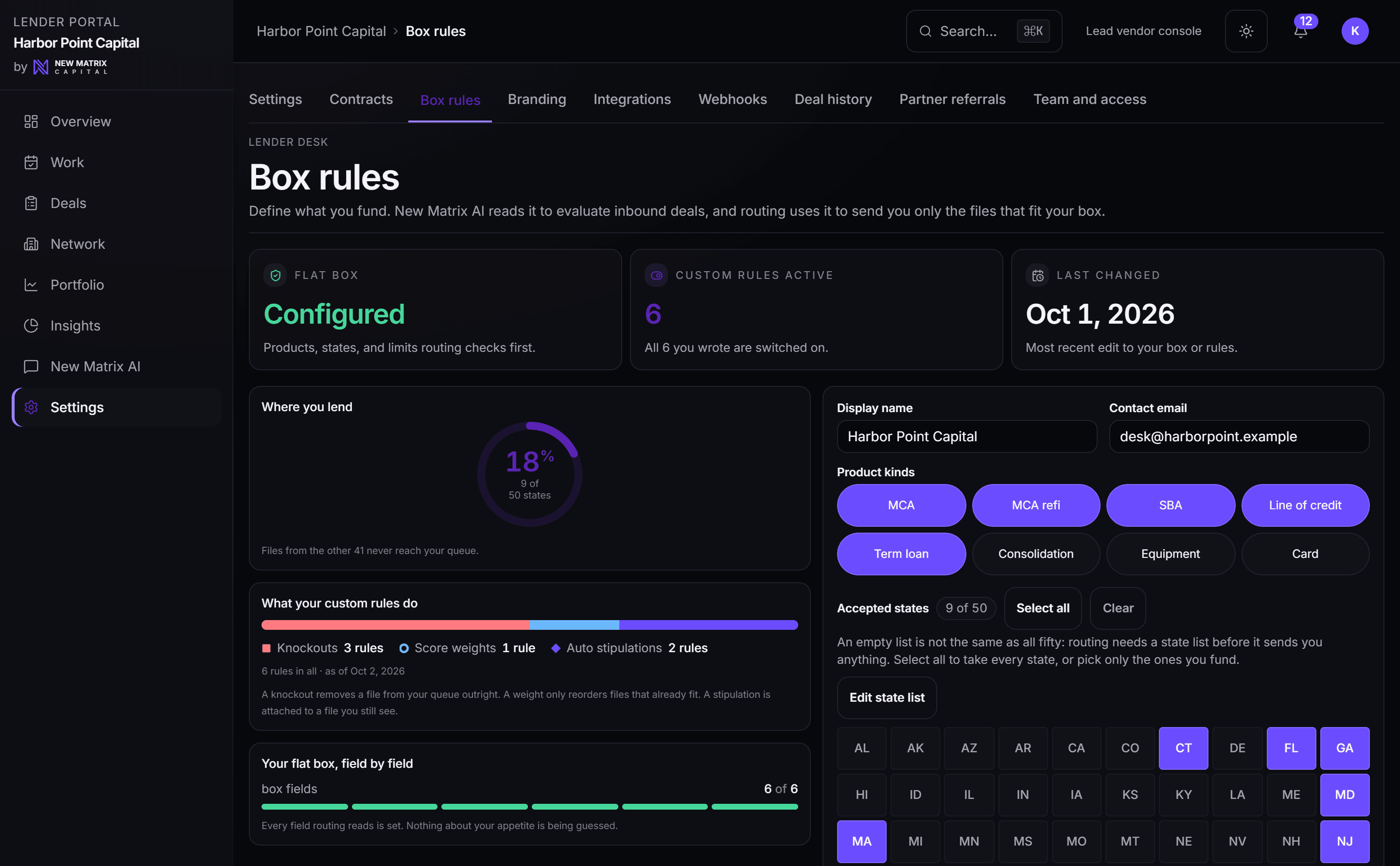 The Box rules screen: the product kinds and accepted states a desk funds, its custom knockout, weighting and stipulation rules, and every flat-box field set, desktop view