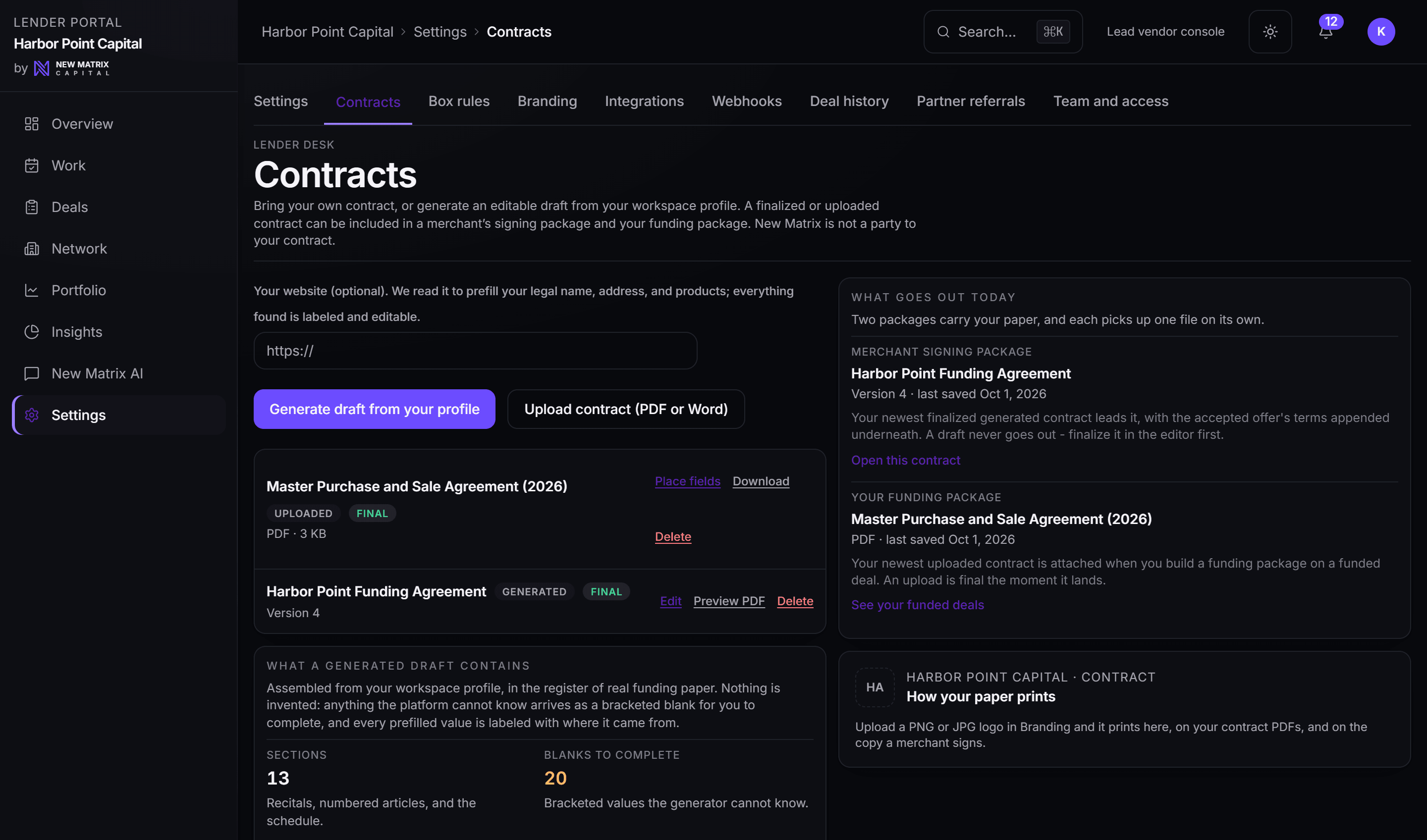 The contract suite on the funder's desk: an uploaded final agreement and a generated versioned one, with the paper each outgoing package carries