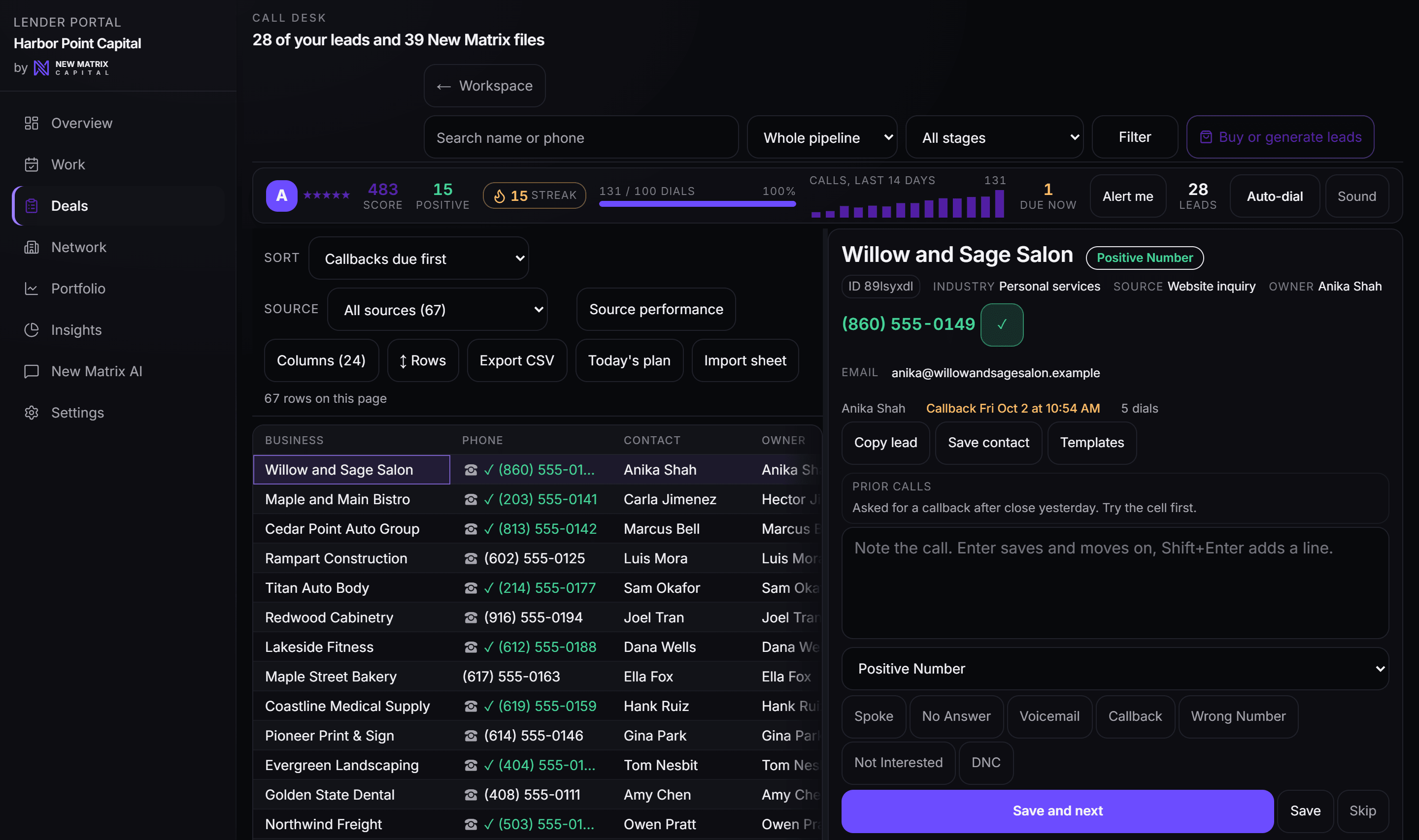 The lender CRM: pipeline stages, screened inbound files, and dispositions - the desk a funder actually runs