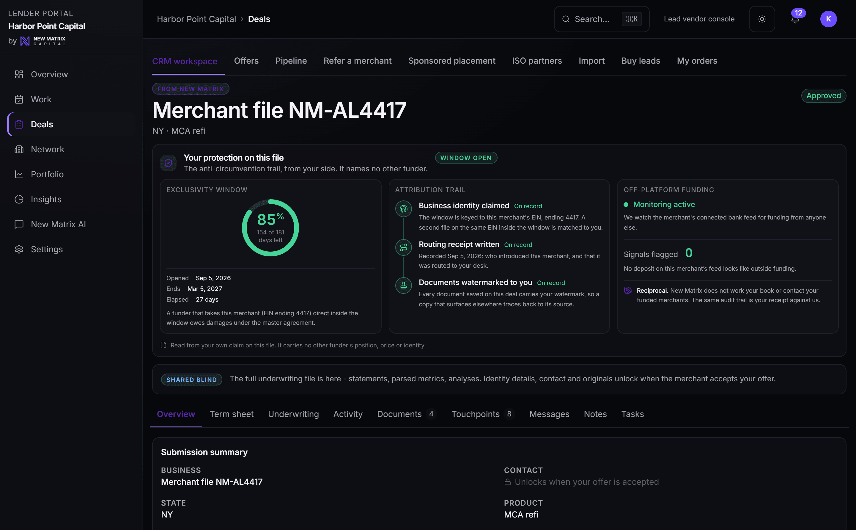 The attribution receipt on a funder deal file: exclusivity window, watermark trail, monitoring, desktop view