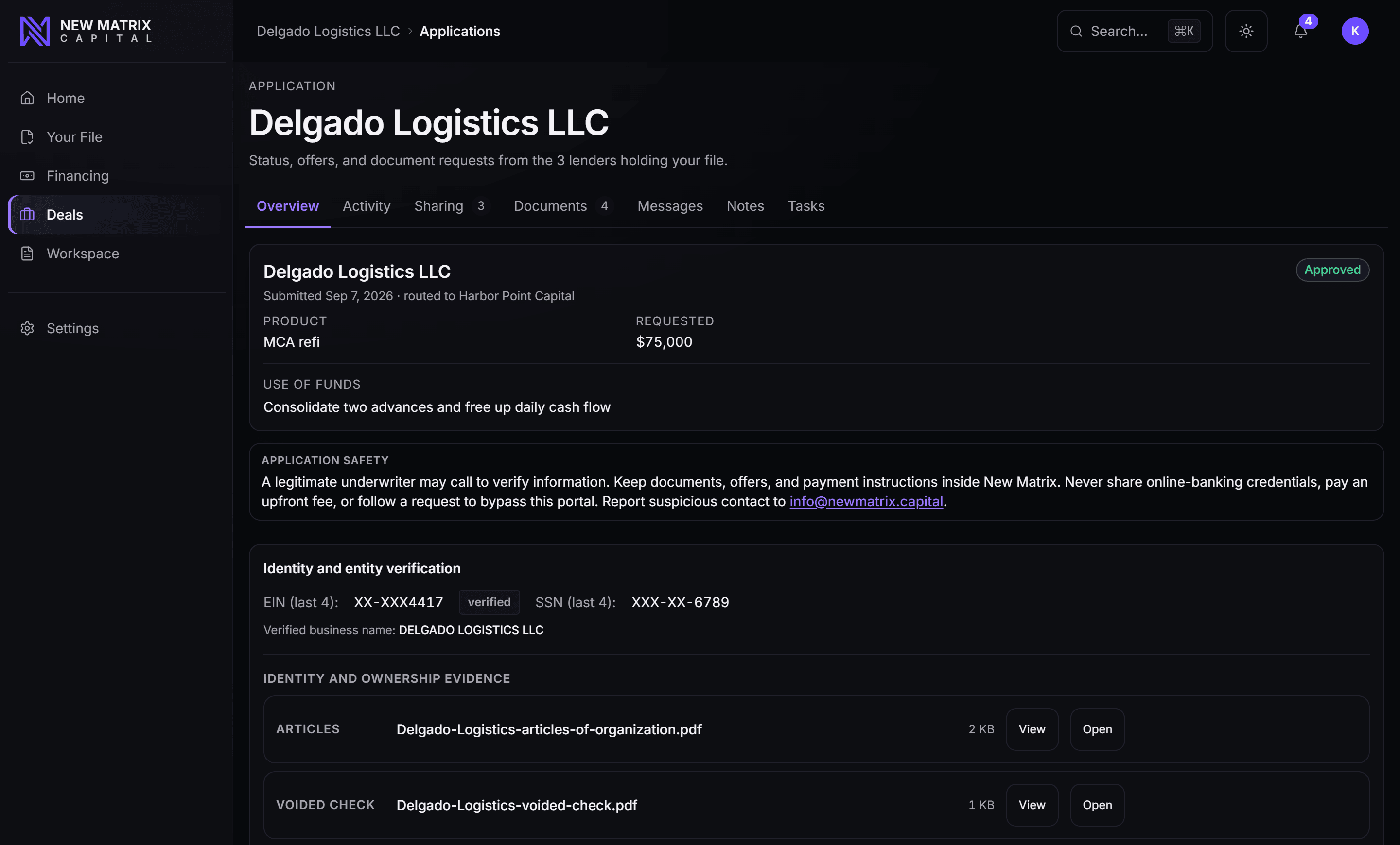 A submitted application on the deal record: product, amount, and merchant-stated fields, desktop view
