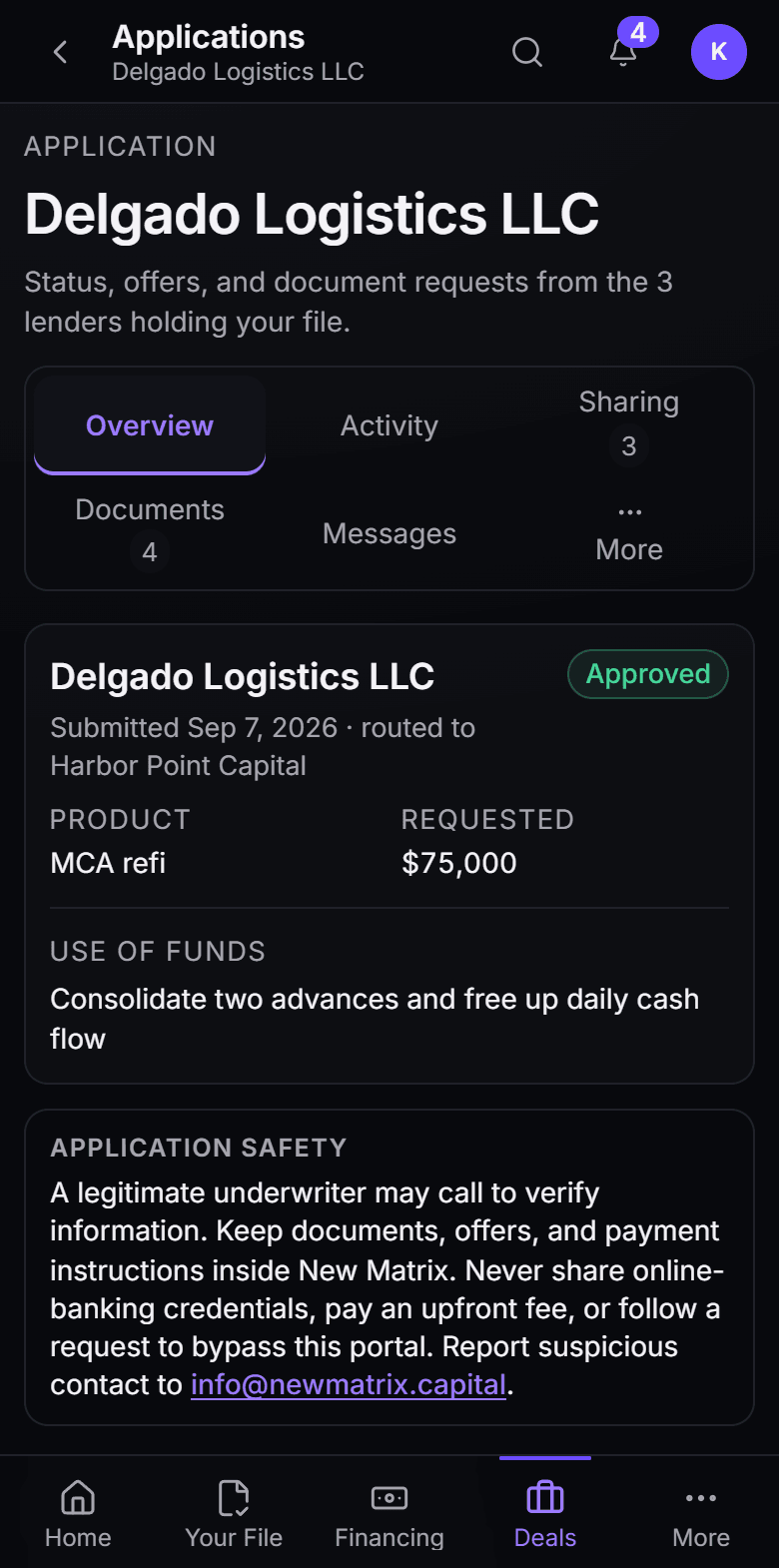 A submitted application on the deal record: product, amount, and merchant-stated fields