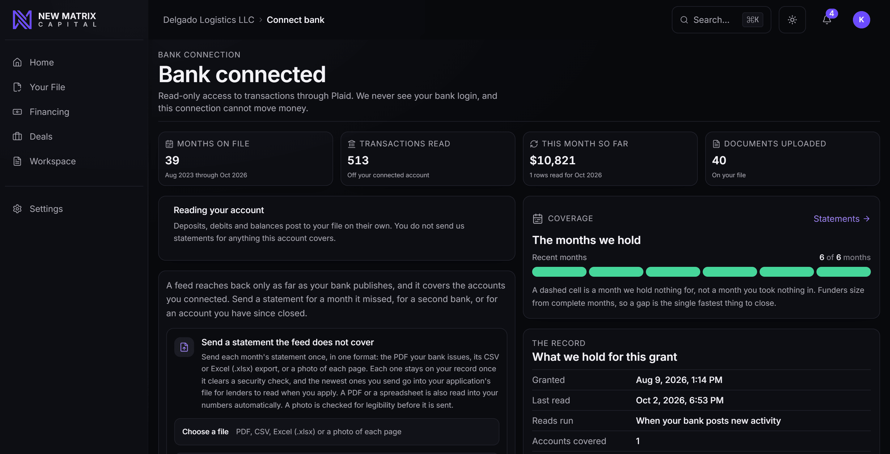 The merchant bank connection: read-only access through Plaid, months on file, transactions read off the connected account, and the time of the last read