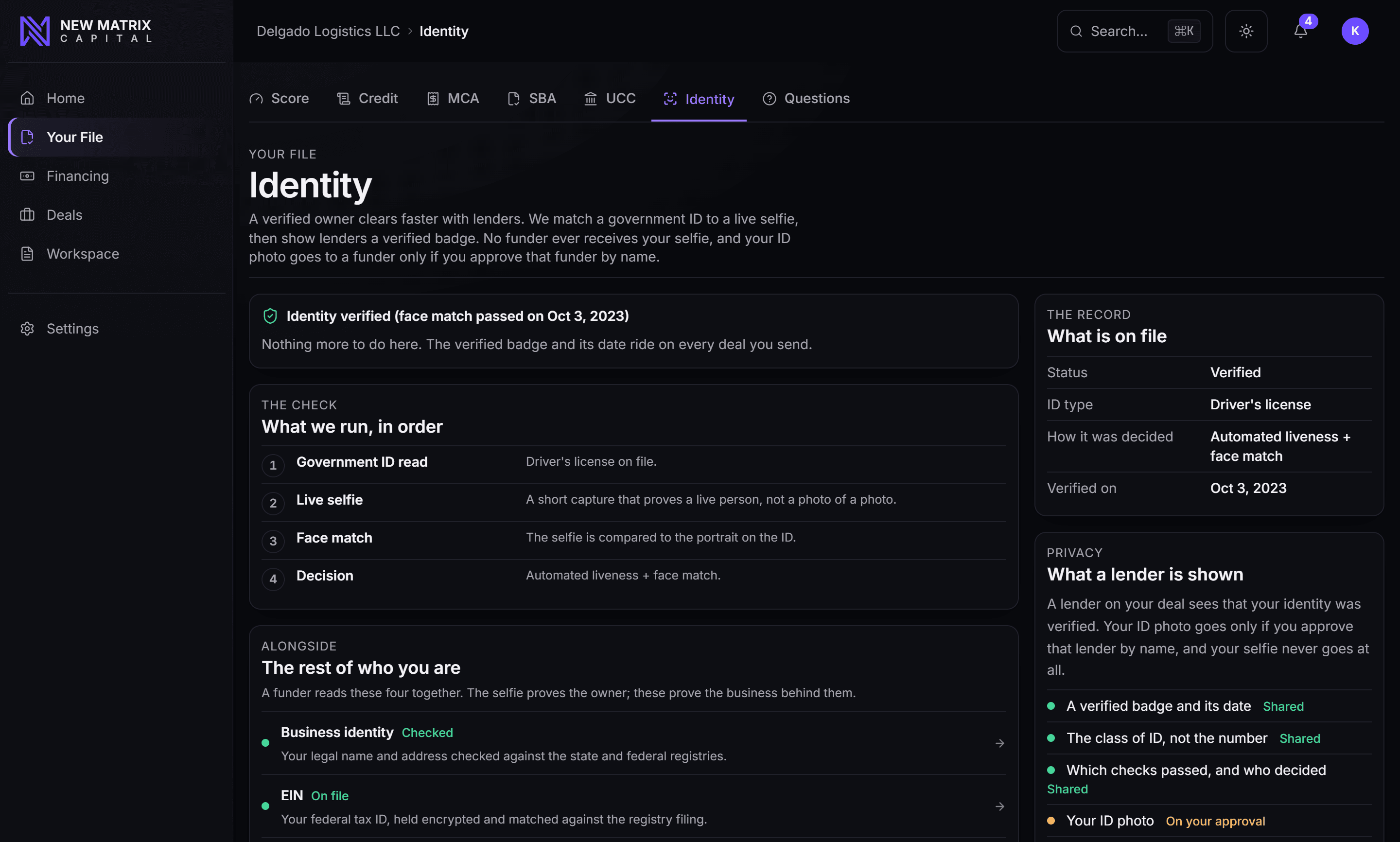 Identity verification on a merchant file: the checks that ran, what is on the record, and when it was settled, desktop view