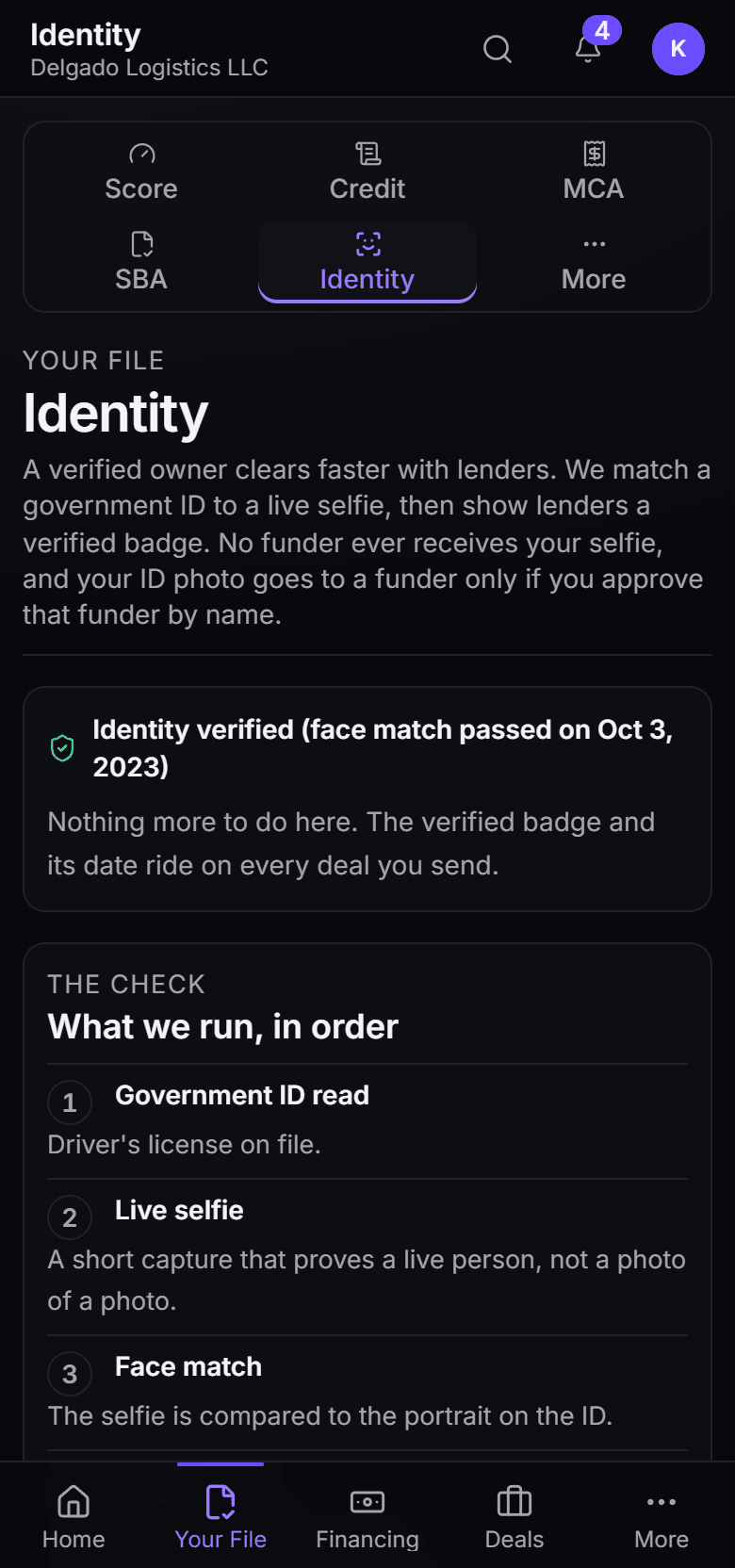 Identity verification on a merchant file: the checks that ran, what is on the record, and when it was settled