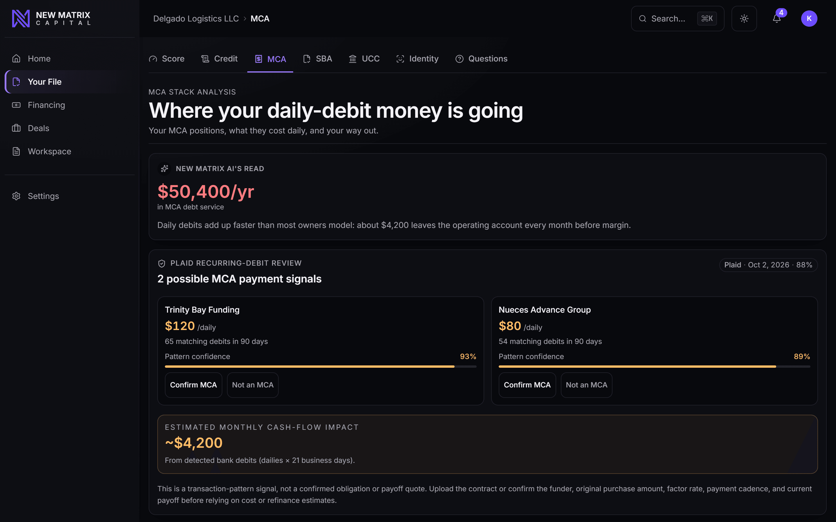 Stack analysis on a merchant file: a Plaid recurring-debit review, a named position at its daily debit, the matching debits found behind it, and a pattern confidence