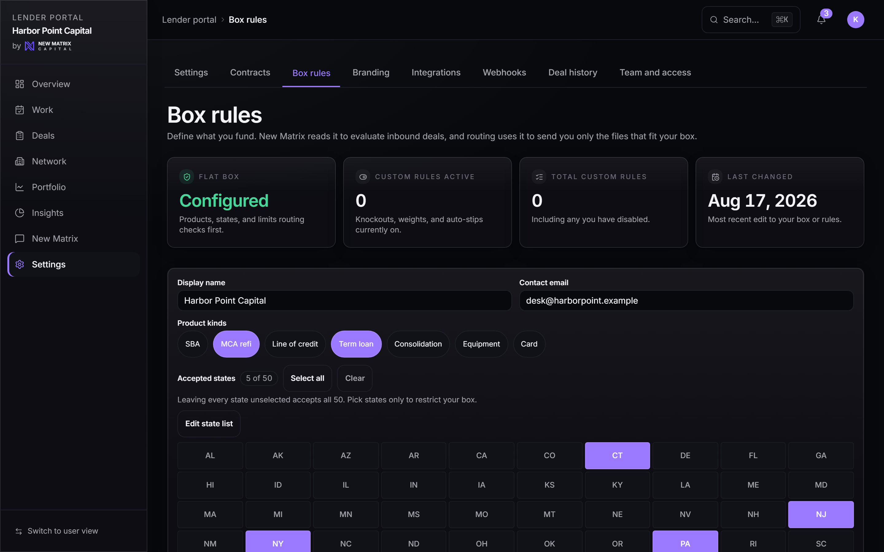 The Box rules screen: product kinds, accepted states, minimum revenue, maximum amount, time in business, and minimum FICO