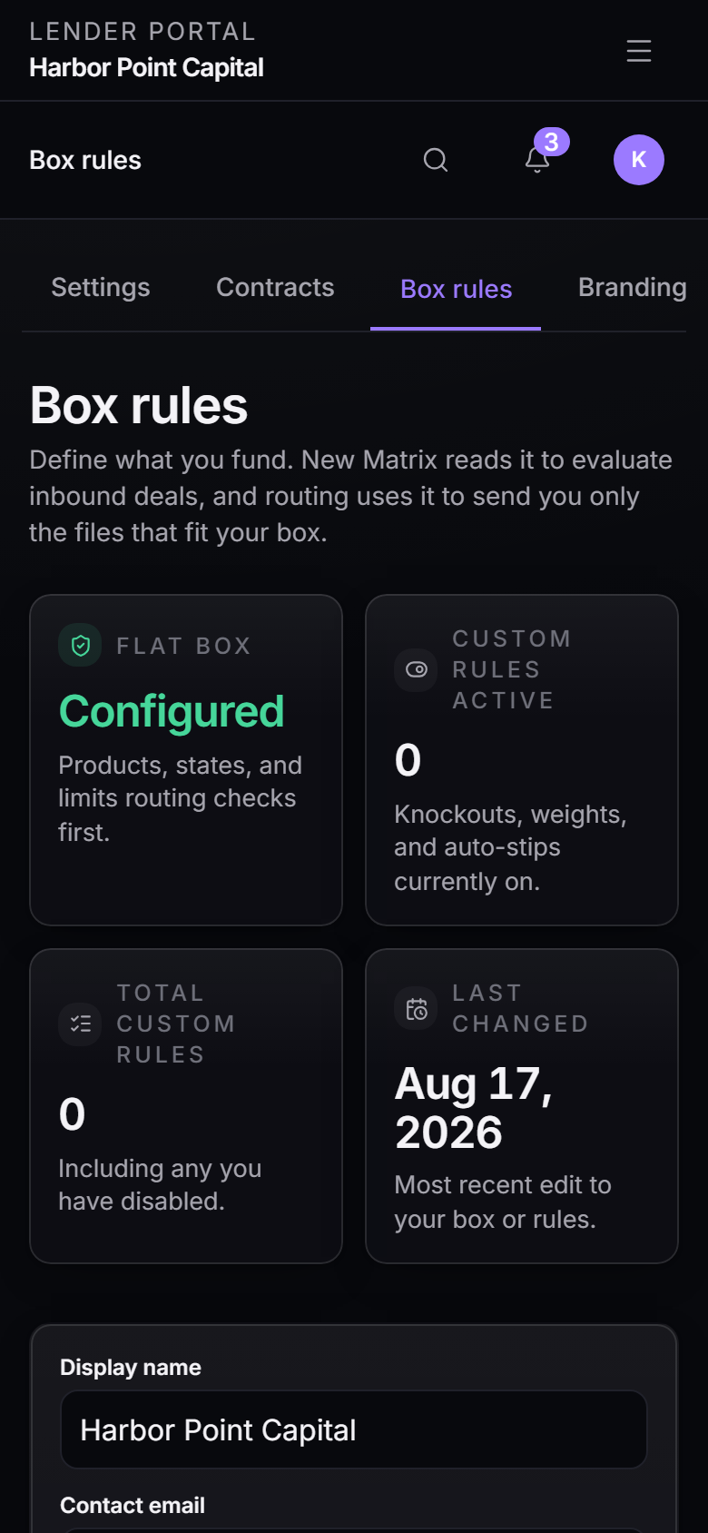 The Box rules screen: product kinds, accepted states, minimum revenue, maximum amount, time in business, and minimum FICO